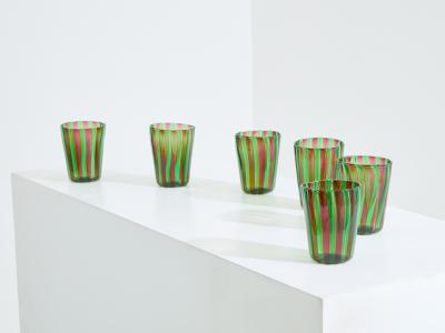 Set of 6 Italian Murano green and purple glass tumblers 1980s
