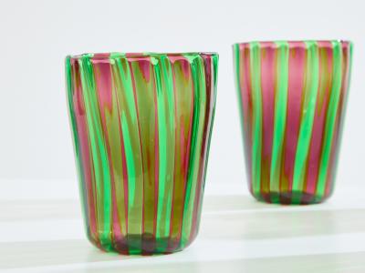Set of 6 Italian Murano green and purple glass tumblers 1980s