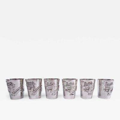 Set of 6 Japanese Silver Firewater Dragon Shot Glasses