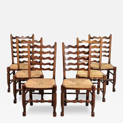 Set of 6 Large English Ladder Back Oak and Rush Dining Chairs
