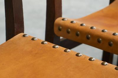 Set of 6 Mid Century Spanish Style Chairs in Patinated Cognac Leather and Studs