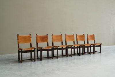 Set of 6 Mid Century Spanish Style Chairs in Patinated Cognac Leather and Studs