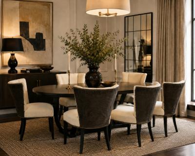 Set of 6 Mid Century Tuxedo Dining Chairs Ebonized Wood Brass Nailheads