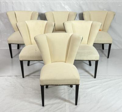 Set of 6 Mid Century Tuxedo Dining Chairs Ebonized Wood Brass Nailheads
