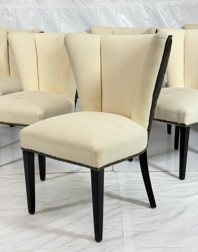 Set of 6 Mid Century Tuxedo Dining Chairs Ebonized Wood Brass Nailheads