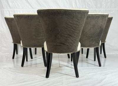 Set of 6 Mid Century Tuxedo Dining Chairs Ebonized Wood Brass Nailheads
