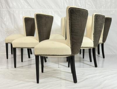 Set of 6 Mid Century Tuxedo Dining Chairs Ebonized Wood Brass Nailheads