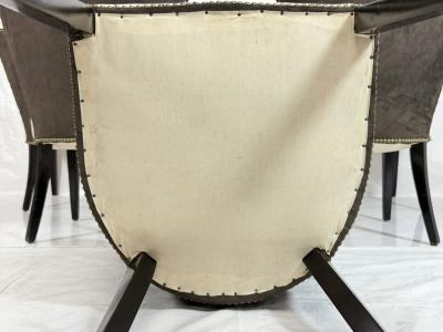Set of 6 Mid Century Tuxedo Dining Chairs Ebonized Wood Brass Nailheads