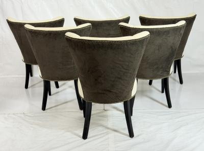 Set of 6 Mid Century Tuxedo Dining Chairs Ebonized Wood Brass Nailheads