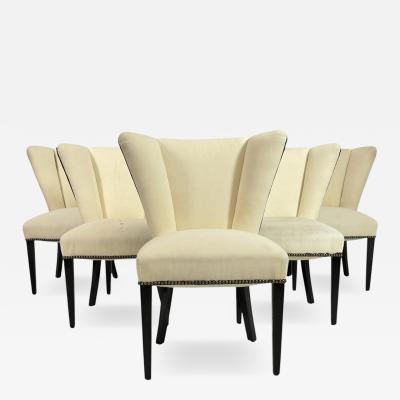 Set of 6 Mid Century Tuxedo Dining Chairs Ebonized Wood Brass Nailheads