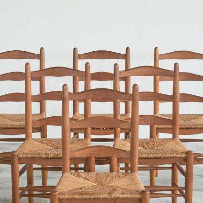 Set of 6 Midcentury Oak and Rush Chairs 1950s