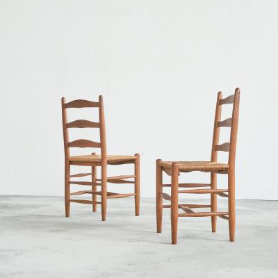 Set of 6 Midcentury Oak and Rush Chairs 1950s