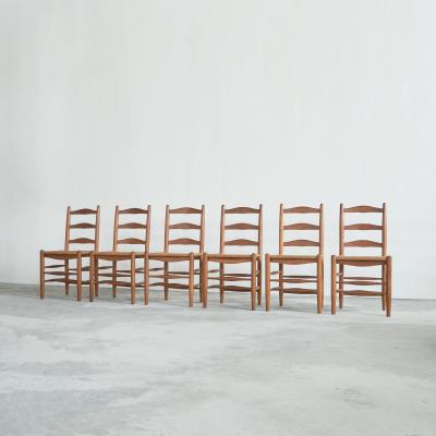 Set of 6 Midcentury Oak and Rush Chairs 1950s