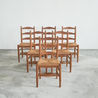 Set of 6 Midcentury Oak and Rush Chairs 1950s