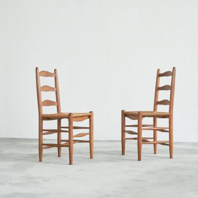 Set of 6 Midcentury Oak and Rush Chairs 1950s