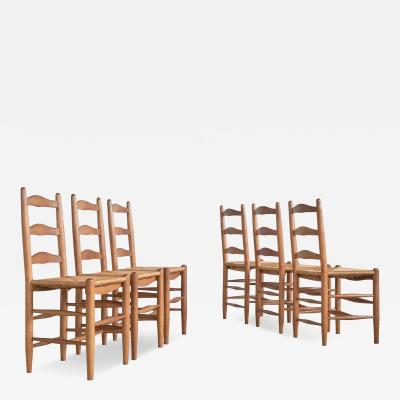 Set of 6 Midcentury Oak and Rush Chairs 1950s