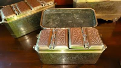 Set of 6 Mindanao Brass Silver Betel Boxes Philippines