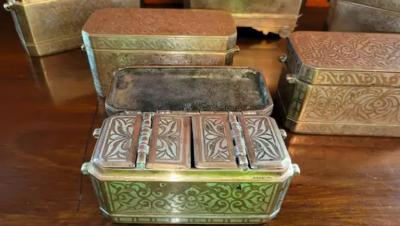 Set of 6 Mindanao Brass Silver Betel Boxes Philippines