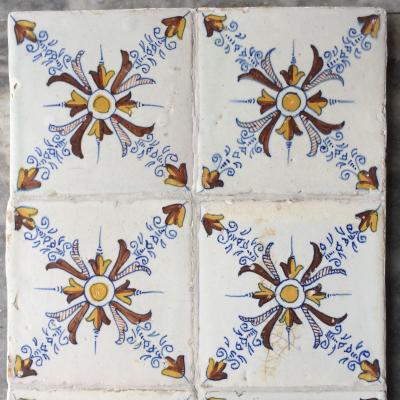 Set of 6 Polychrome Dutch Delft Tiles with Ornamental Design