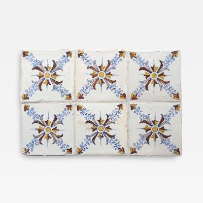 Set of 6 Polychrome Dutch Delft Tiles with Ornamental Design
