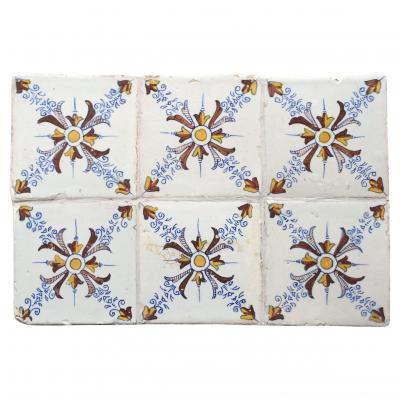 Set of 6 Polychrome Dutch Delft Tiles with Ornamental Design