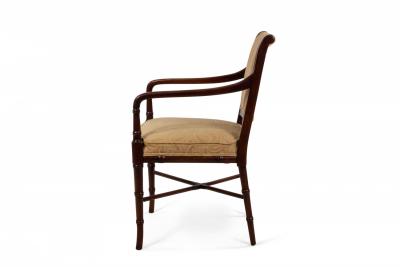 Set of 6 Regency Style Mahogany Arm Chairs with Yellow Damask Upholstery