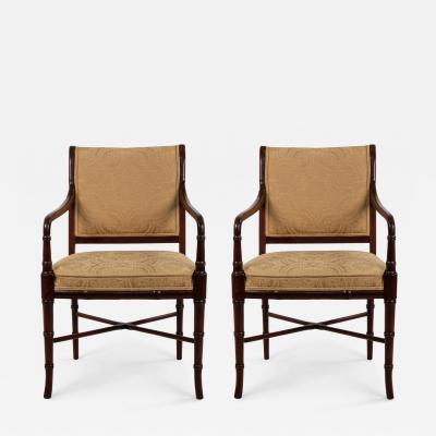 Set of 6 Regency Style Mahogany Arm Chairs with Yellow Damask Upholstery