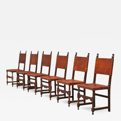 Set of 6 Spanish Style Chairs in Solid Oak Leather and Brass Europe 1960s