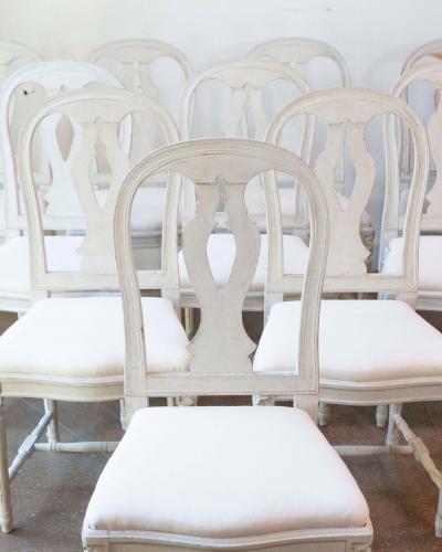 Set of 6 Swedish Painted Dining Room Chairs with Carved Splats and Upholstery