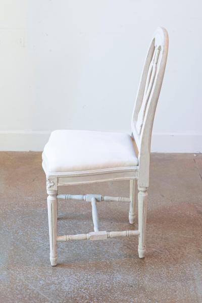 Set of 6 Swedish Painted Dining Room Chairs with Carved Splats and Upholstery