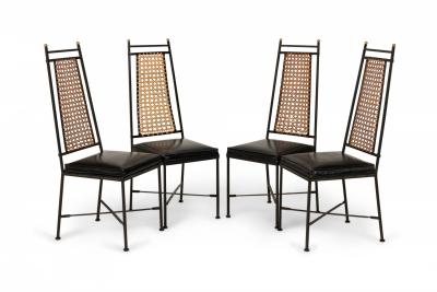 Set of 6 Tapered Back Wrought Iron Caned Seat Dining Side Chairs