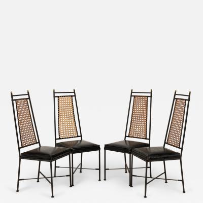 Set of 6 Tapered Back Wrought Iron Caned Seat Dining Side Chairs
