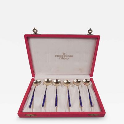 Set of 6 Tostrup Gilt Enamel Spoons in Original Georg Jensen Case