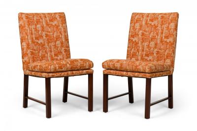 Set of 6 Wooden Dining Chairs with Abstract Beige Orange Upholstery