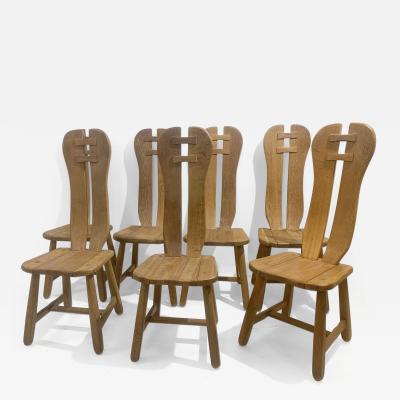 Set of 7 Brutalist Oak Dining Chairs by De Puydt