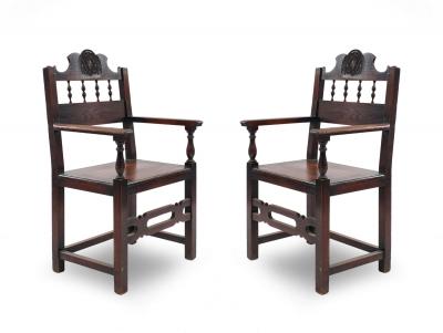 Set of 7 English Renaissance Spindle and Crest Walnut Armchairs