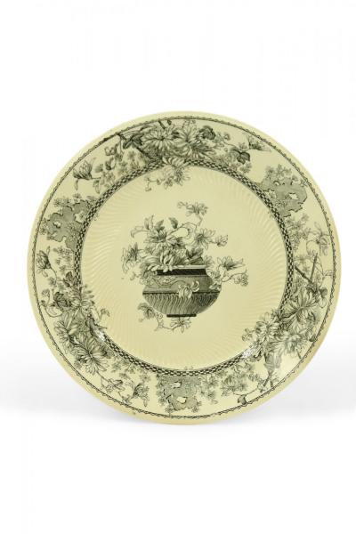 Set of 7 English Victorian Black and Cream Floral Transferware Plates