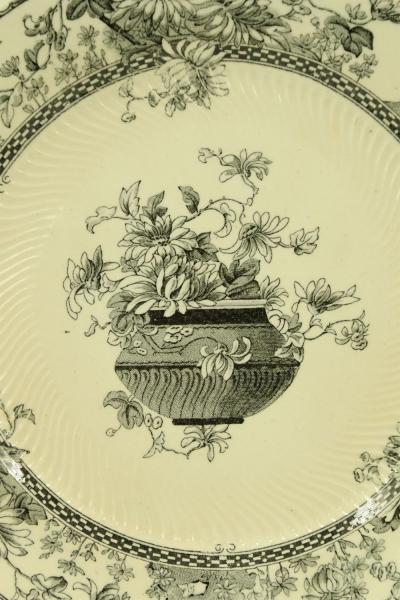 Set of 7 English Victorian Black and Cream Floral Transferware Plates