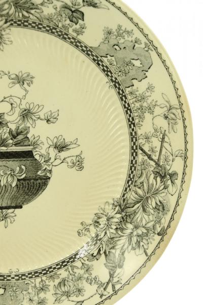 Set of 7 English Victorian Black and Cream Floral Transferware Plates
