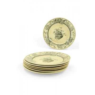 Set of 7 English Victorian Black and Cream Floral Transferware Plates