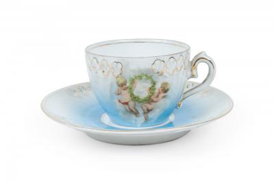 Set of 7 French Victorian Porcelain Teacups and Saucers