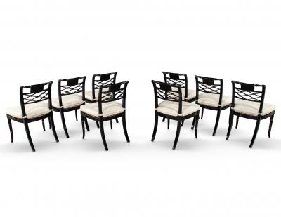 Set of 8 Antique English Regency Style Ebonized and Gilt Dining Chairs