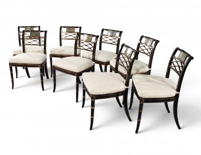 Set of 8 Antique English Regency Style Ebonized and Gilt Dining Chairs