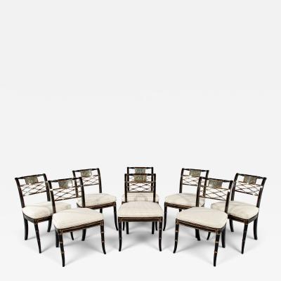 Set of 8 Antique English Regency Style Ebonized and Gilt Dining Chairs