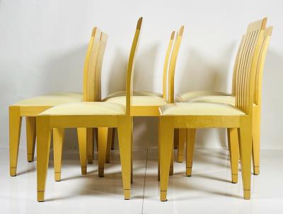 Set of 8 Dining Chairs in Blonde Wood and Leather Upholstery 