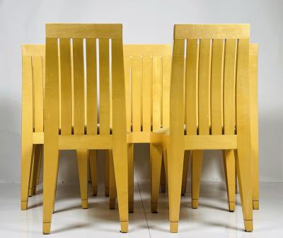 Set of 8 Dining Chairs in Blonde Wood and Leather Upholstery 