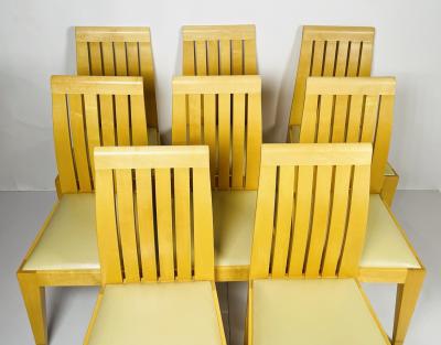 Set of 8 Dining Chairs in Blonde Wood and Leather Upholstery 