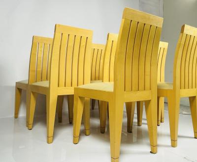 Set of 8 Dining Chairs in Blonde Wood and Leather Upholstery 