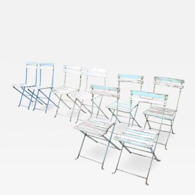 Set of 8 French Bistro Garden Folding Chairs in Iron and Wood Slats