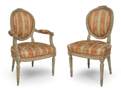 Set of 8 French Louis XVI Damask Dining Chairs